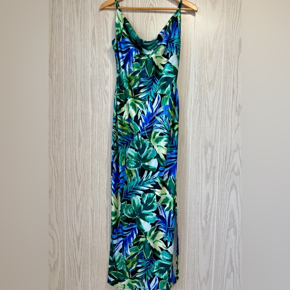 Iris Women’s Tropical Print Slip Dress Green Blue Palm Leaf Size L - Picture 1 of 4